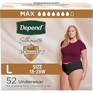 Depend Silhouette Adult Incontinence & Postpartum Bladder Leak Underwear for Women, Maximum Absorbency, Large, Black, 52 Count (2 Packs of 26), Packaging May Vary
