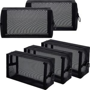 Sadnyy 5 Pieces Mesh Makeup Bag Portable Travel Cosmetic Bag Black Breathable Mesh Zipper Pouch for Home Offices Travel Accessories Organizer (7.1 x 4 x 2.4 Inch)