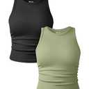 OQQ Women's 2 Piece Tank Tops Crew Neck Sleeveless Basic Stretch Casusal Yoga Crop Camis Black Jade Green, M
