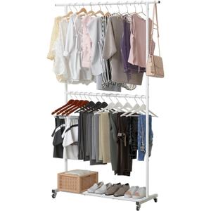 Sywhitta Double Rod Clothing Garment Rack, Rolling Clothes Organizer on Wheels for Hanging Clothes, Easy to Assemble, Adjustable, White (No mesh)