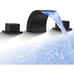 SKOWLL Matte Black Waterfall Bathroom Faucet, LED 8 Inch Widespread Bathroom Faucet 3 Hole, Modern Waterfall Vanity Sink Faucets with 2 Knobs