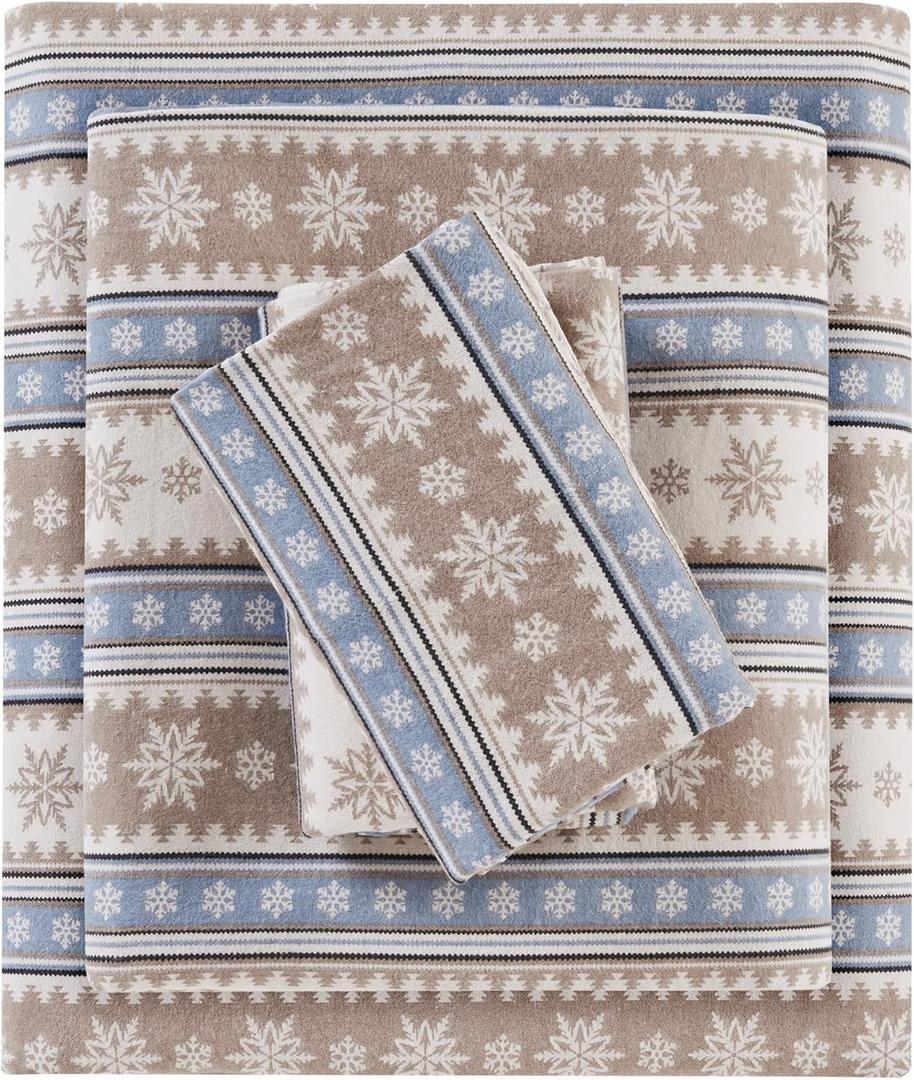 Woolrich Cotton Sheet Set Cottage Charms Print, 100% Cotton Flannel Sheets Warm & Fuzzy Bedding Set Full Size Sheets, Fitted Pocket Fits Up to 12" Mattress, Full Blue Snowflake 4 Piece