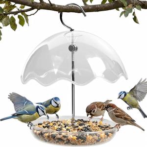 Hanging Platform Bird Feeder with Rain Shield, Adjustable Outdoor Seed Tray Feeder with Clear Dome, Large Capacity Plastic Bird Feeder for Wild Birds, Garden Porch Balcony