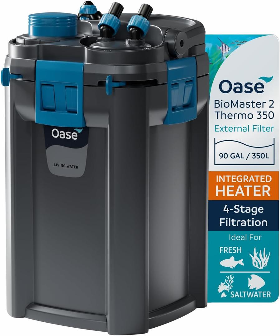 OASE BioMaster 2 Thermo 350 Canister Filter for Aquariums  External Aquarium Filter with Built-in Heater  EasyClean Pre-Filter, Quiet Operation  Freshwater & Saltwater, Up to 90 Gallons