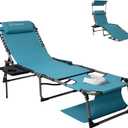 FUNDANGO 4 in 1 Tanning Chair with Face Hole, Beach Lounge Chair w/Canopy Shade & Side Table Chaise Lounge Chairs for Patio, Pool, Lawn, Sunbathing, 5-Position Adjustable Sun Lounger, Cyan