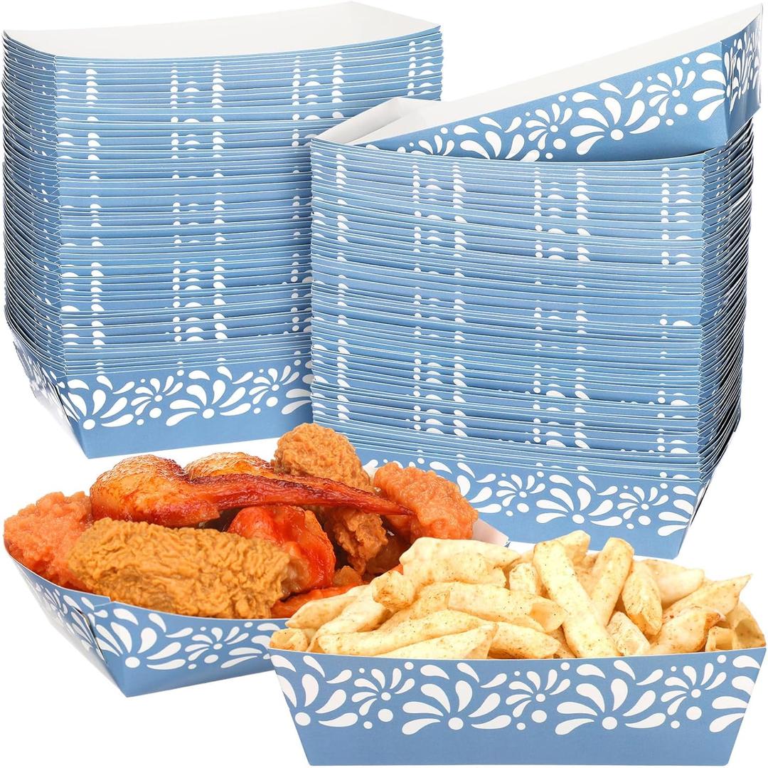 Zhehao 100 Pcs Cielito Lindo Party Decoration Supplies Mexican Snack Trays Platos De Barro Terracotta Clay Mexicanos Nacho Popcorn Disposable Trays for Cinco De Mayo Wedding(Blue Flower)