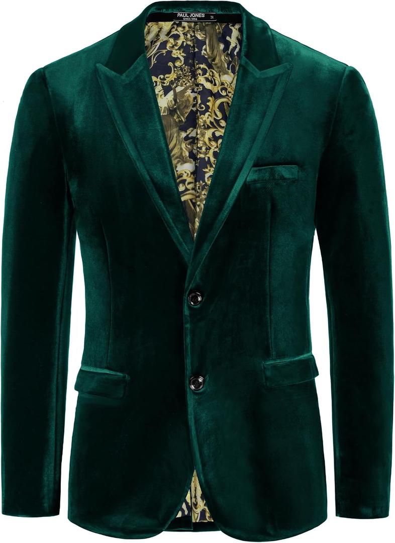 PJ PAUL JONES Mens Velvet Blazer Slim fit Two Button Sport Coat Solid Suit Jacket Dinner Prom Wedding Green L