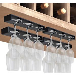 Wine Glass Holder,Wine Glass Rack 4 Pack,No Drilling Wine Glass Holder Under Cabinet, Hanging Stemware Rack Organizer Hanger for Bar Cabinet KitchenBlack