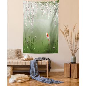 Lunarable Koi Fish Tapestry Queen Size, Japanese Koi Fish Painting Style Hanging Cherry Flowers Floating Leaves, Wall Hanging Bedspread Bed Cover Wall Decor, Queen Size, Orange White (88L" x 88W")