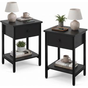 Nightstands Set of 2 with Drawers and Storage Shelves, Modern Bedside Table with Steel Frame, Wood Night Stand End Side Table for Bedroom Small Spaces, Black