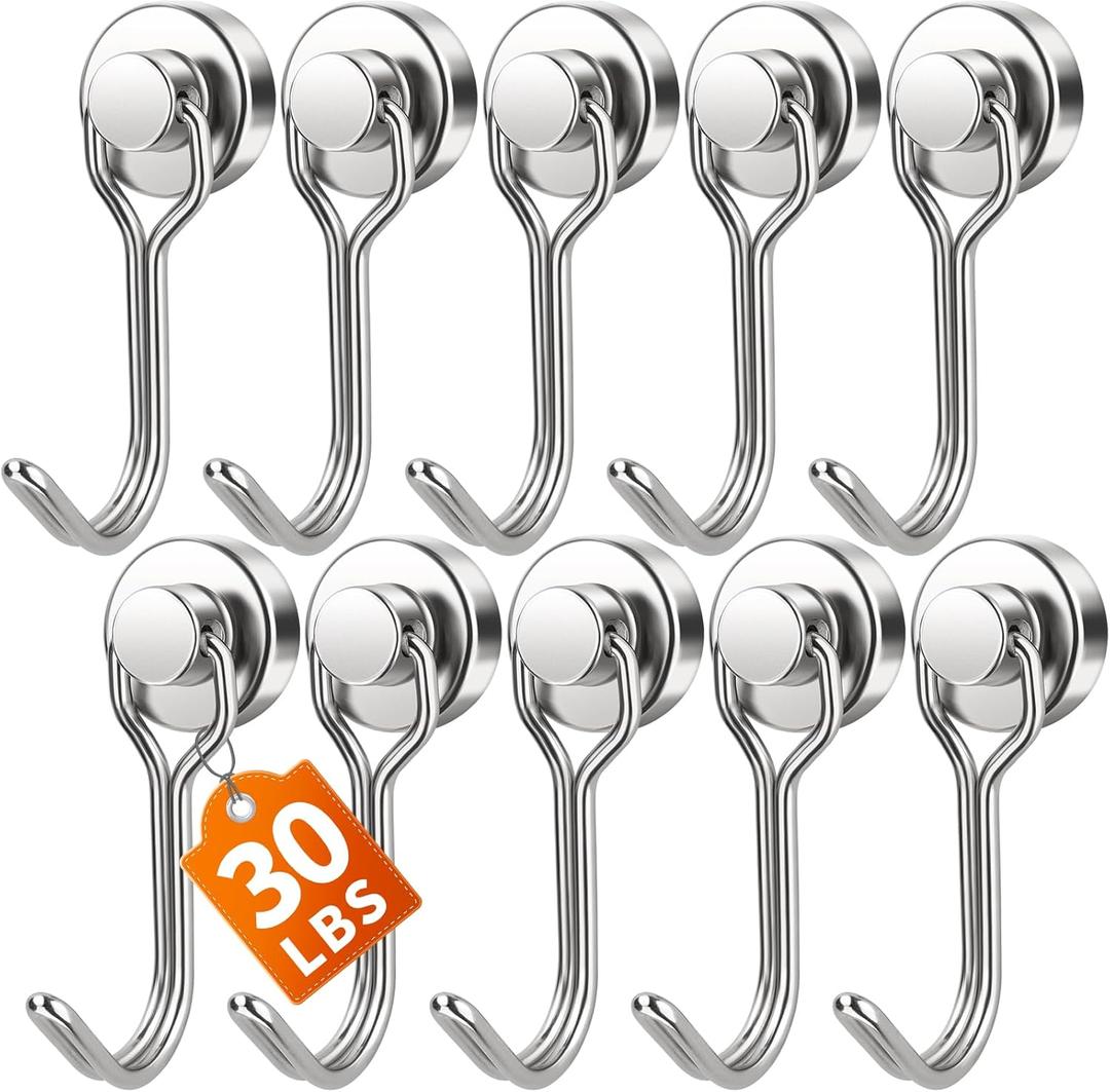 FINDMAG Magnetic Hooks, 30lbs+ Magnet Hooks 2026 Cruise Ship Essentials, Strong Magnetic Hooks for Fridge, Magnetic Hanger for Garage, Whiteboard, Office Supplies, Kitchen Organization, 10 Pack (Silver)