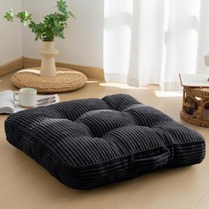 HIGOGOGO Floor Pillow Cushion for Adults, Meditation Cushion Pillow, Large Square Floor Sitting, Tufted Corduroy Cover, for Tatami Living Room or Yoga, 22x22 Inch, Black (4" Thick(Pack of 1))