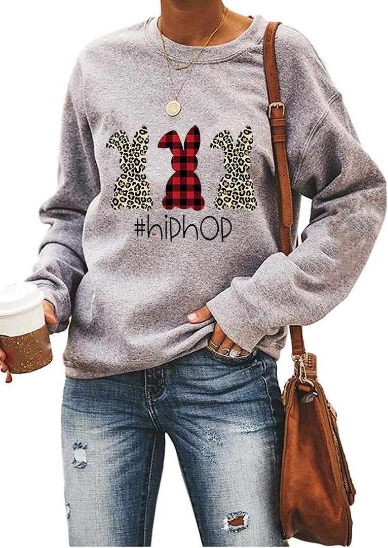 Ykomow Happy Easter Sweatshirt Women Long Sleeve Cute Bunny Rabbit Graphic Tees Pullover (Large, Grey-2)