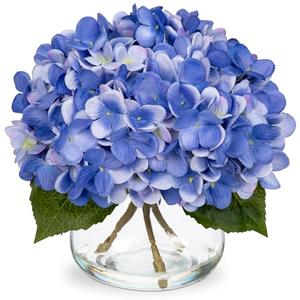 Hollyone Hydrangea Artificial Flowers with Vase Slate Blue Silk Fake Flowers Arrangements Floral Bulk Bouquet in Glass Vase with Faux Water for Home Bathroom Office Table Centerpiece Shelf Decorations