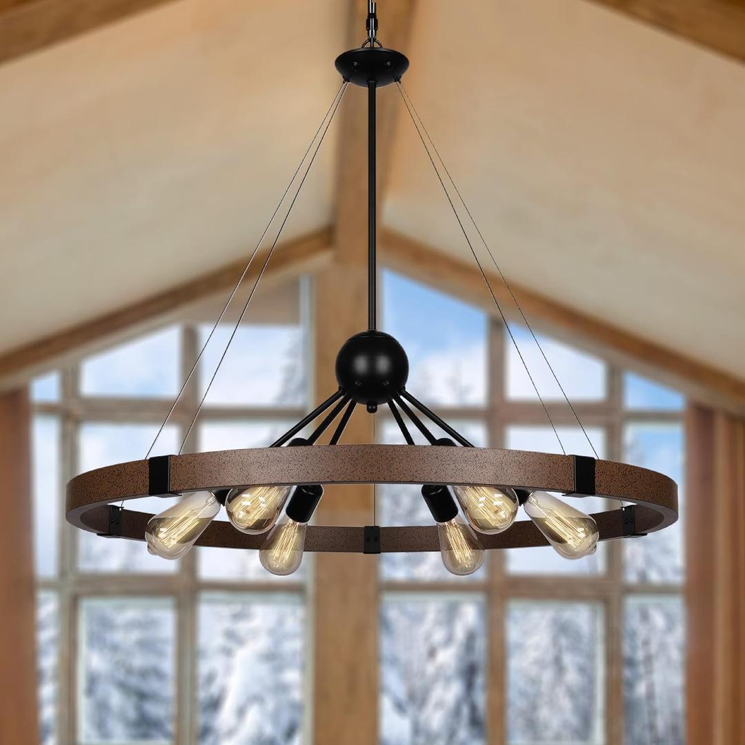 31.5'' Farmhouse Chandeliers for Dining Room, Rustic Wagon Wheel Chandelier for Entryway, Sputnik Light Fixture for Breakfast Area Stairwell Bedroom Foyer, Vintage Rust and Black Finish