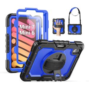 SEYMAC Case for iPad mini 7 (A17 Pro) 2024/ Mini 6 8.3, Full-Body Shockproof Protective Case with Screen Protector, Rotating Stand, Hand/Shoulder Strap for iPad mini 7th/ 6th Generation, Dark Blue