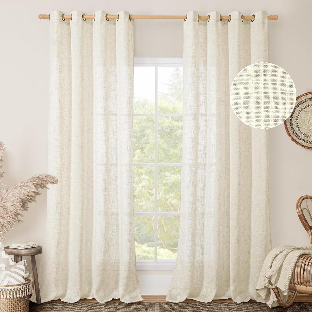LAMIT Linen Sheer Curtains 96 inches Long 2 Panel Set, Light Filtering Neutral Living Room Drapes Bronze Grommet Floor to Ceiling Panels for Sliding Glass Door/Bedroom, Cream Ivory, 52 x 96 Inch (Natural)