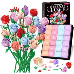 Sopu Colorful Rose Bouquet Flowers Building Set, 24 Boxes 1380Pcs Artificial Flowers Botanical Collection Flowers for Adults Valentines Day Gifts for Her Women Wife Girlfriend Mom