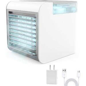 Portable Air Conditioner Fan, 4-in-1 Mini Air Cooler with 450ML Water Tank, 3 Speeds Portable Fan 7 Colors LED Ambient Light, Mini Evaporative Cooler Desktop Humidifier Fan for Bedroom Office Travel