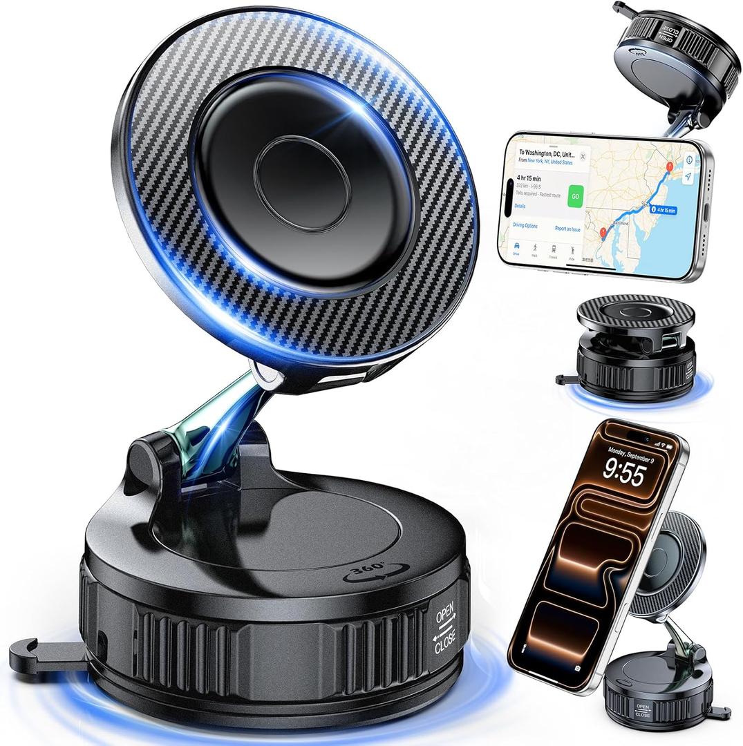 Car Phone Holder for Magsafe [Carbon Fiber] Phone Mount for Car [Super Strong Magnetic, 360 Adjustable, 108LBS Vacuum Suction] Phone Holders for Your Car, Car Accessories for iPhone 1712 Series