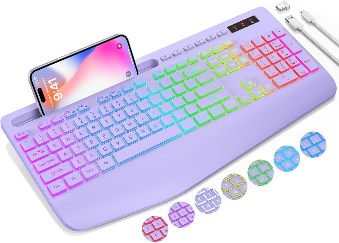 Wireless Keyboard with 9 Effects Backlits, Wrist Rest, Phone Holder, Rechargeable Ergonomic Computer Keyboard with Silent Keys, 2.4G Lag-Free Cordless Set for PC, Laptop, Windows, Mac (Keyboard Only) (Grape Purple)