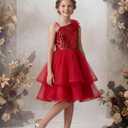 GRACE KARIN Girls Party Sequin Formal Dress 7-14Y Birthday Dance Graduation Sparkly Pageant Dresses Wedding Flower Girl Dress (Red, 10Y)