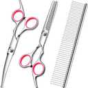 Dog Grooming Scissors with Safety Round Tips Stainless Steel Professional Dog Grooming Kit - Thinning, Curved Scissors and Comb for Cat Pet (Pink 4 in 1)