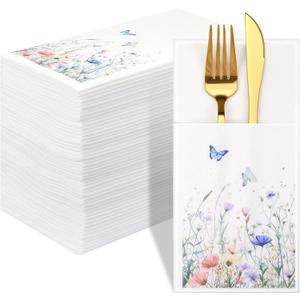 50 Pack Floral Napkins with Built-in Flatware Pocket, Guest Disposable Wild Flower Hand Towels Dinner Napkins for Wedding Birthday Party Baby Shower
