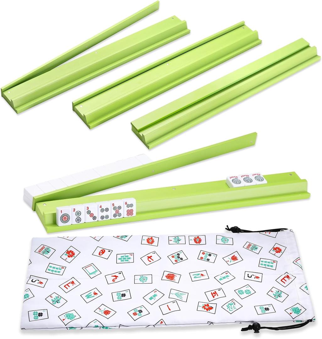 Mahjong Racks with Pushers, Light Green Wooden American Mahjong Tile Pushers and Racks Set of 4, with White Printed Mahjong Racks Drawstring Bag, Mahjong Accessories (19.68 Inches), 19.68" L x 2.55" W x 1.06" H