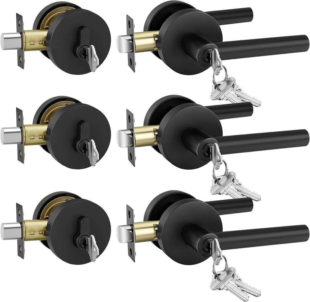 Goldenwarm Exterior Deadbolt and Keyed Entry Door Handle Set, Heavy Duty Zinc Alloy Black Door Lever, Key Entry Front Matte Black Door Handle with Lock and Key(3 Pack)