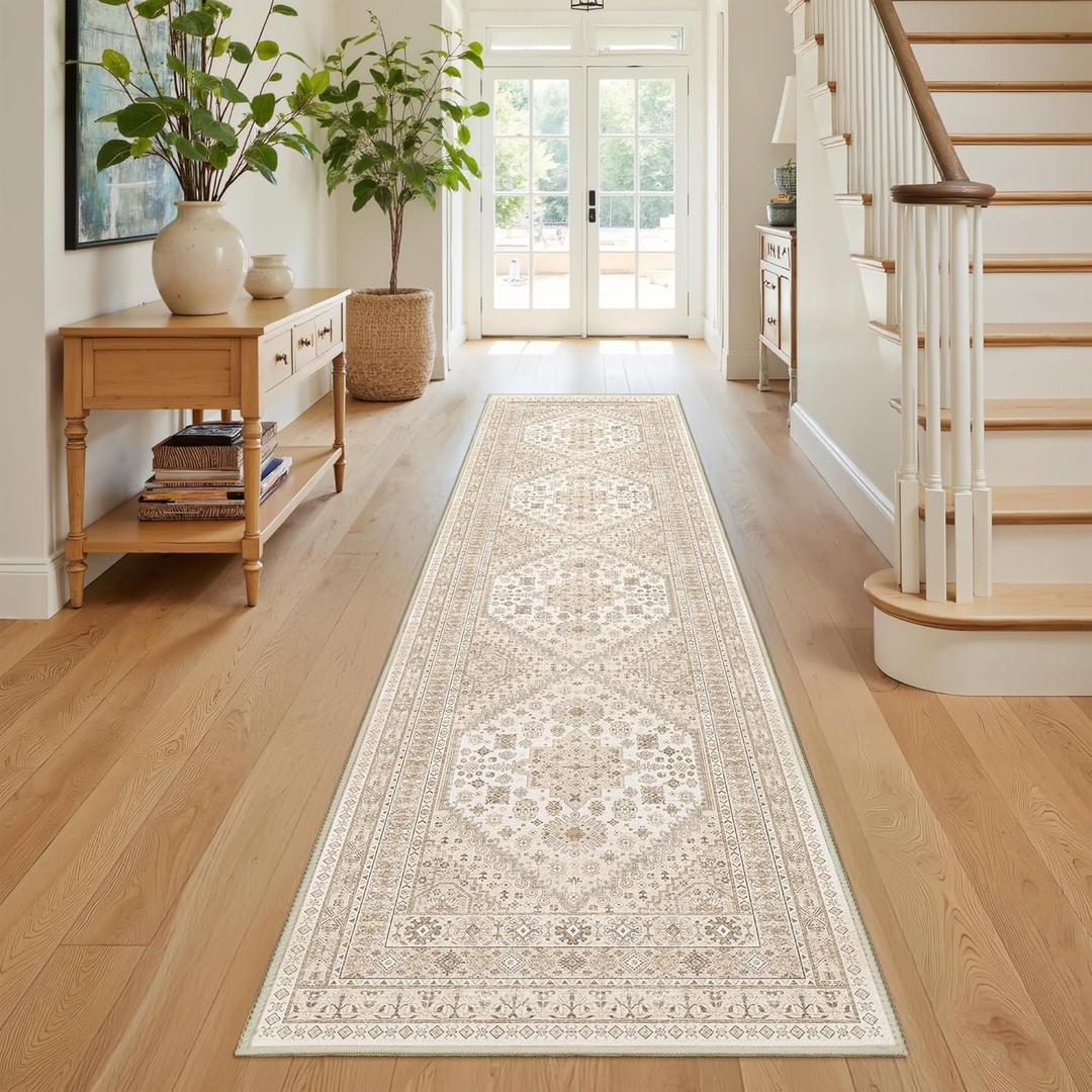 Runner Rug 2x8 Runners for Hallways Non Slip Washable, Vintage Hallway Runner Rugs for Living Room, Low Pile Soft Hallway Rug for Kitchen Bedroom Laundry Room(Cream/Beige,2'x8')