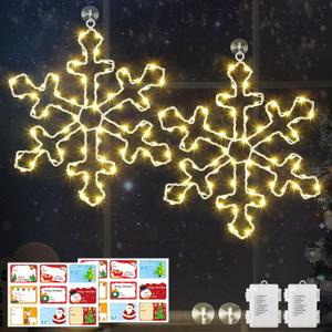 Hiboom 2 Pack Christmas Window Lights, 12 Inch Snowflake Lighted Decorations Wrapped with LED String Lights, 8 Modes Battery Powered Christmas Window Light for Xmas Indoor Decor (Warm White)