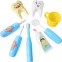 8 Pieces Cartoon Dental Pretend Dentist Play Set - Cute Teeth Models with Toothbrushes, Dental Tools Kit, Toothpaste, and Cup for Toothbrushing Trainer, Teeth Development Tool for Toddler Kids (Blue)