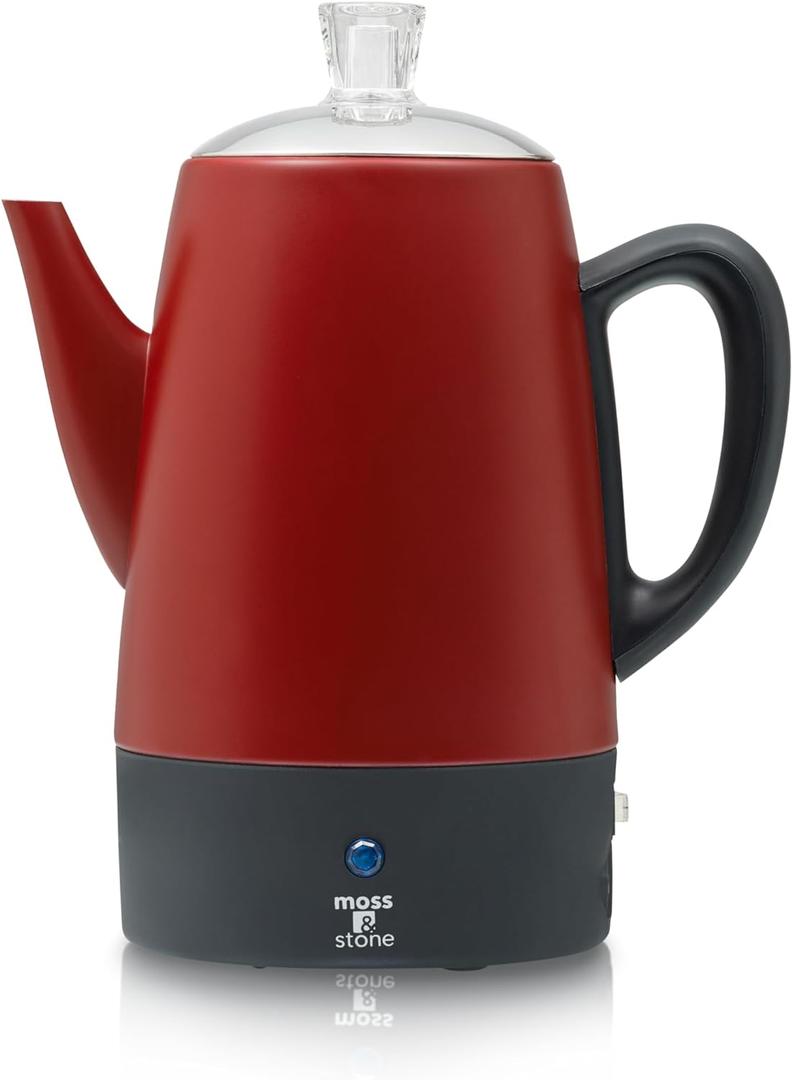 Moss & Stone Electric Coffee Percolator  Red Body Coffee Maker with Stainless Steel Lid, Percolator Electric Pot, Fast Boil 10 Cup Red Camping Coffee Pot