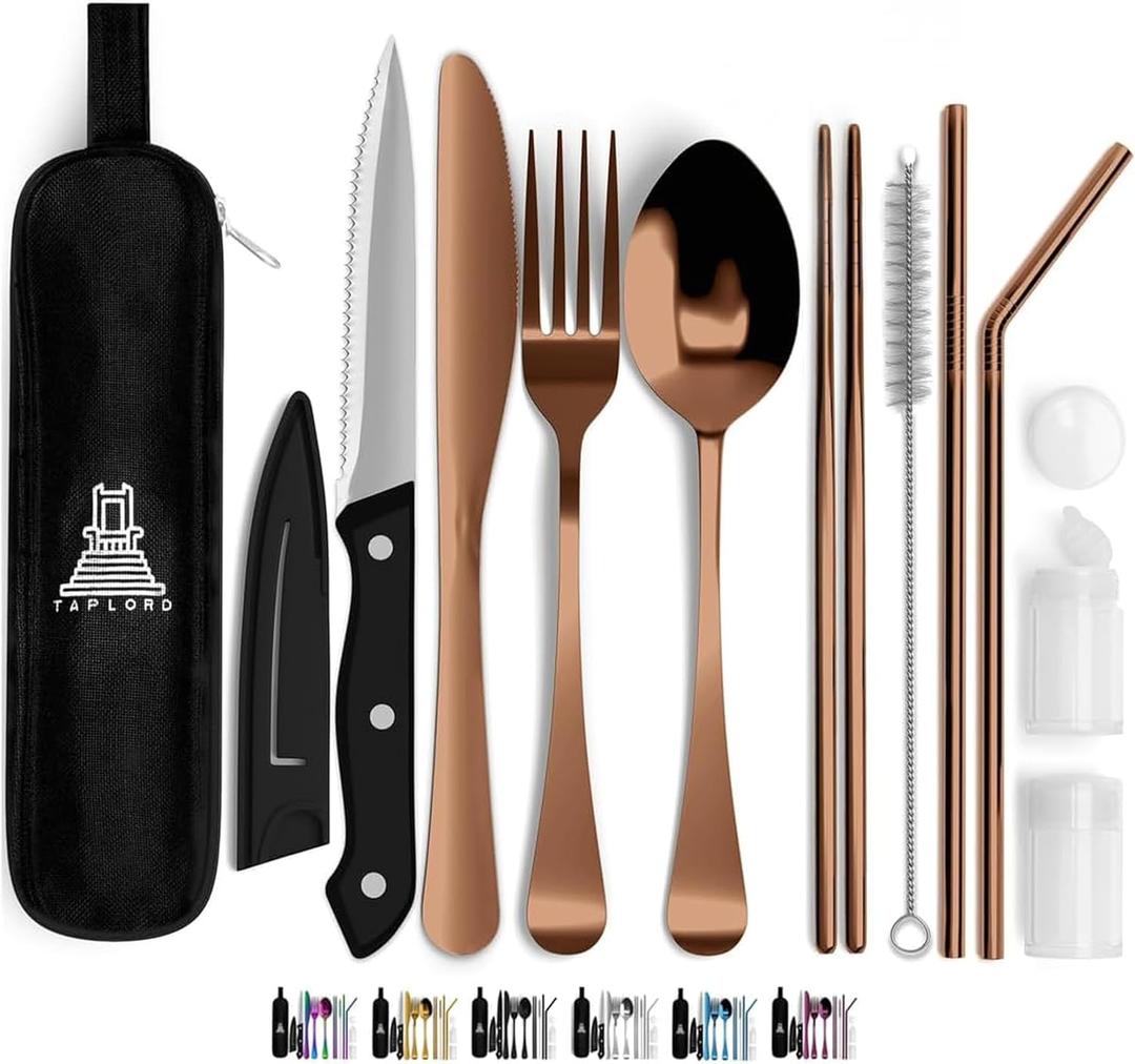 Portable Travel Silverware Set With Case, Includes 10 Pcs of Travel Utensils With Case, Stainless Steel Flatware Set For Camping, Lightweight (Rose Gold)