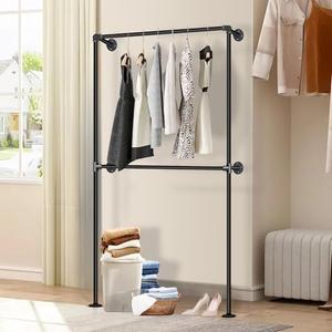 GENMOUS Metal Industrial Pipe Clothing Rack, Wall Mounted Clothes Rack for Hanging Clothes, Mordern Heavy Duty Iron Walk-in Closet Hanging Organizer System, Multi-Purpose Clothing Rod Black