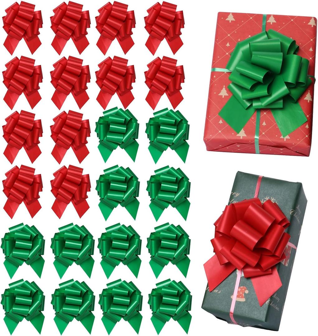 24pcs Large Christmas Bows for Gift Wrapping, 5 inch Wide Xmas Pull Bows for Presents, Gift Baskets, Christmas Tree, Wine Bottles, Christmas Decorations (red and Green)