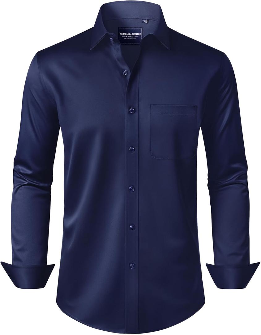 Alimens & Gentle Men's Dress Shirts Long Sleeve Wrinkle-Free Stretch Shirts Solid Formal Button Down Shirt with Pocket (3X-Large, Navy Blue)