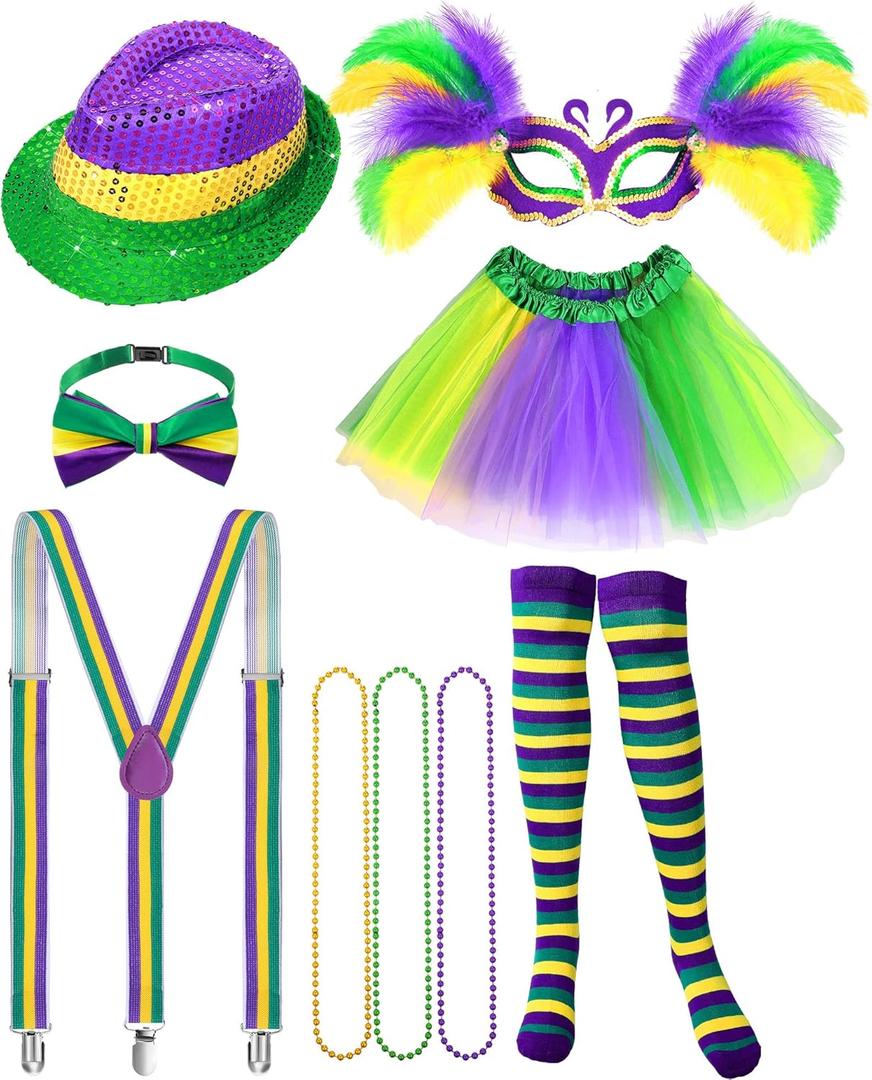 Vicenpal Mardi Gras Costume for Women, 9 Pcs Complete Carnival Outfit Set with Tutu Skirt, Sequin Hat, Feather Mask, Suspenders, Beads Necklace and Striped Socks for Tuesday Parade Party