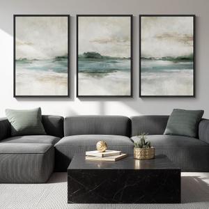 Large Framed Abstract Nature Landscape Wall Art for Living Room, Set of 3 Modern Canvas Prints Paintings Artwork for Walls, Green Lake Pictures for Hallway, Dining Room, Office Wall Decor 24x36 Inch