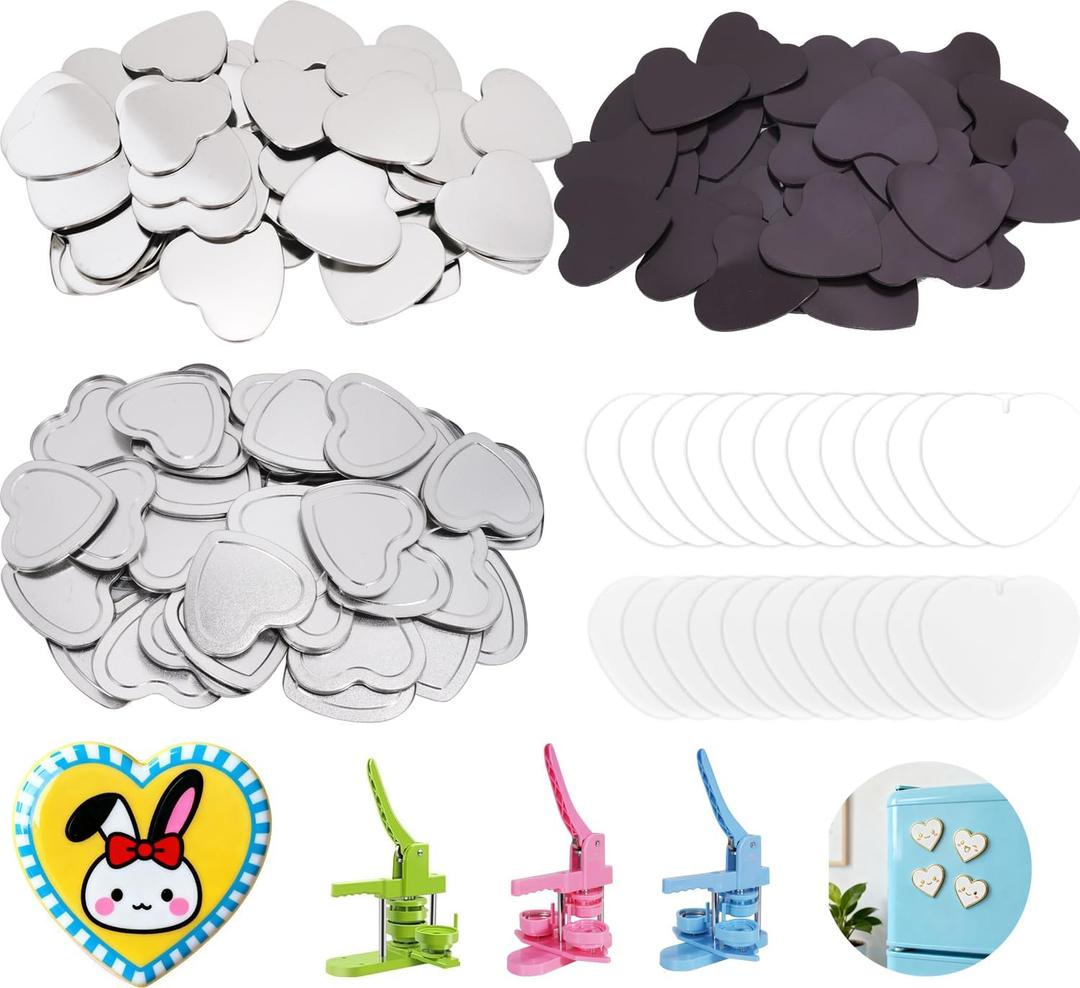 50 Sets Heart-Shaped Fridge Magnet Maker Supplies for Button Maker Machine Heart Shape 2.28 inch/58mm, Includes Metal Cover, Button Back Cover, Soft Magnet, Clear Film,Blank Paper,Children DIY Gift