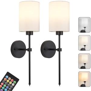 Battery Operated Wall Sconces Set of Two,Wireless Rechargeable Wall Light With Remote Control, Dimmable, Amber Light/Warm White/Natural White/Daylight/RGB, Timer,for Living Room,Bedroom,Entryway,Black