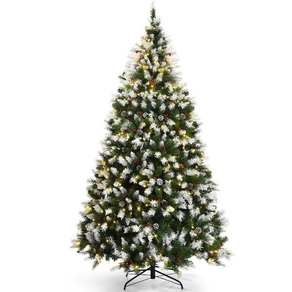 7.5 ft. Pre-lit Snowy Artificial Christmas Tree 1398 Tips with Pine Cones and Red Berries