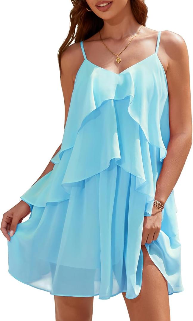 DRESSTELLS Women's Cocktail Ruffle Tiered Dresses, Formal Wedding Guest Homecoming Party Mini Dress (Blue)
