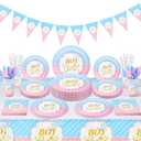 Gender Reveal Party Tableware Set - 60 Pcs Boy or Girl Paper Plates Cups Napkins Straws Tableware Set Tablecloth Banner Tableware Supplies Baby Shower Decorations