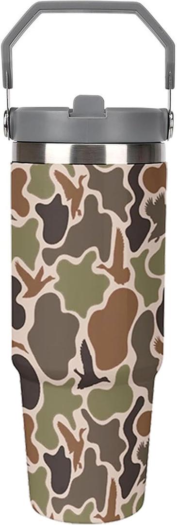 Camo Stainless Steel Tumbler with Lid And Straw 30 Oz Top Handle Duck Hunter Camouflage for Men Leakproof Vacuum Insulated Water Bottle for Car Travel