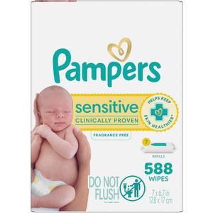 Pampers Sensitive Baby Wipes, Water Based, Clinically Proven, Hypoallergenic, and Unscented for Babies, 588 Wipes Total (7 Refill Packs) 