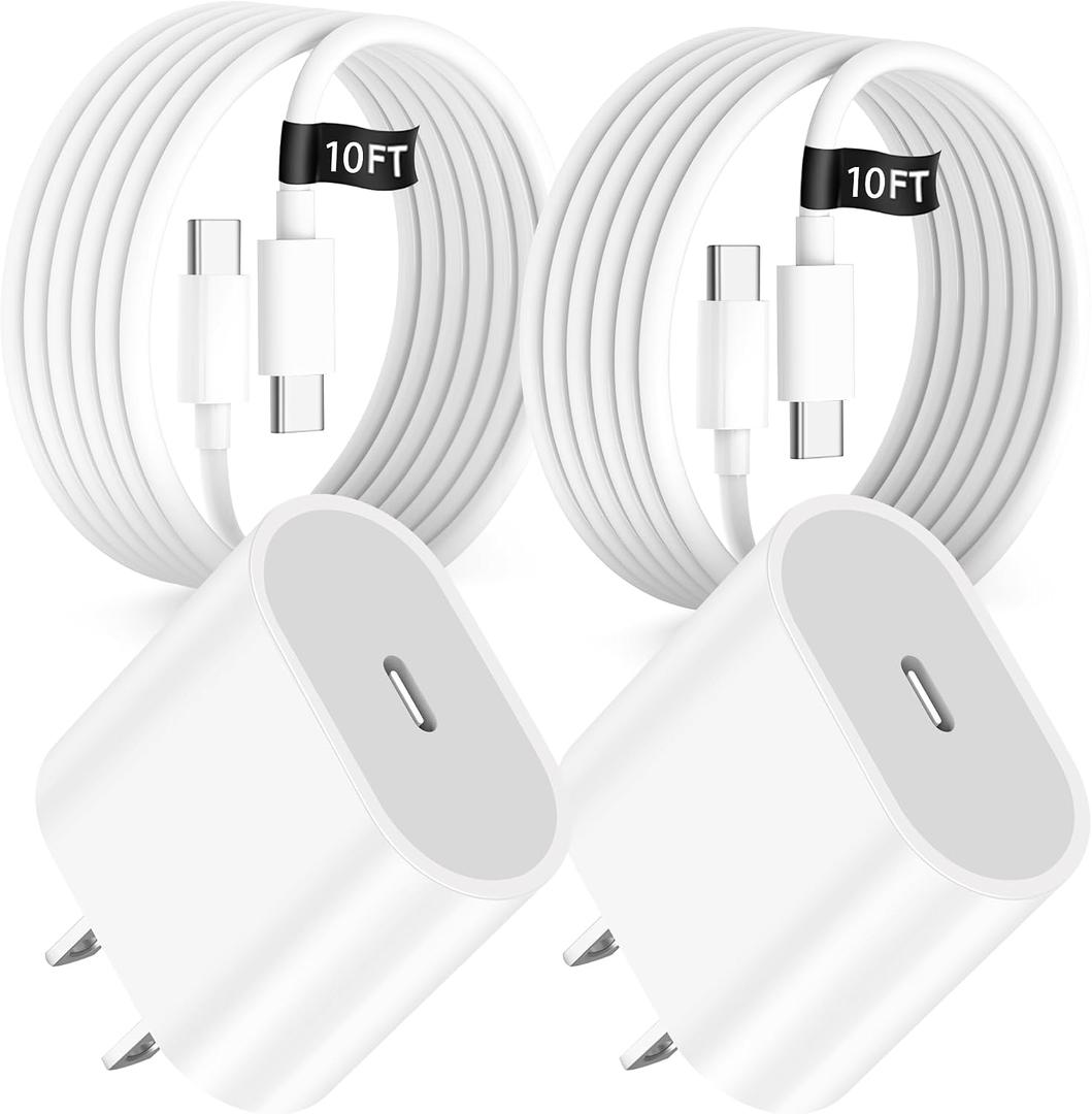 USB C Fast Charger for iPad 10th/11th A16 Generation,iPad Air 13/11 M3 M2 | for iPad Air 5th/4th,iPad Pro 12.9 6h/5th/4h/3rd,13/11 inch M4,Mini,20W Charger and 10FT Long Type C Fast Charging Cord Cable, Pack of 2