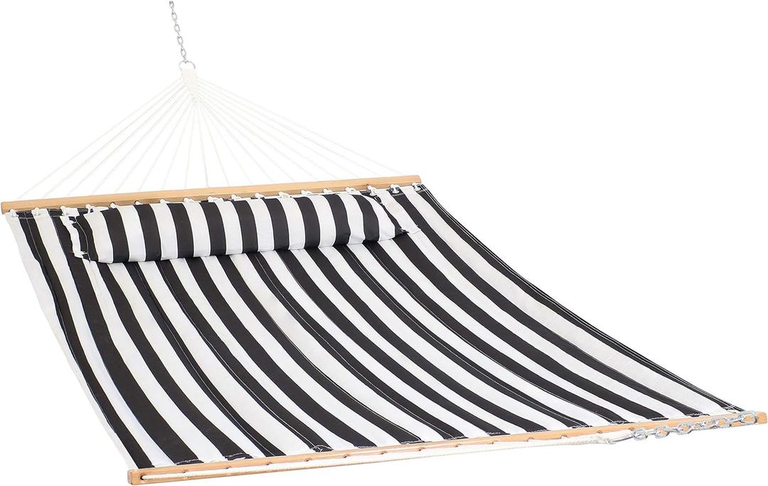 Sunnydaze Quilted Outdoor Hammock with Spreader Bars - Heavy-Duty 450-Pound Capacity Double Hammock for Outside - Black and White (Black & White)