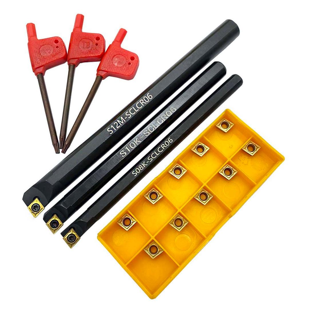 GBJ S08K/S10K/ S12M-SCLCR06 3pcs +10pcs CCMT060204 Carbide Inserts with 95 Degree Internal Turning Boring Bar with 10pcs CCMT2(1.5) 1 Carbide Inserts for Machining Steel Parts and Stainless Steel